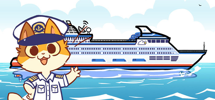 Keekee the cat in front of cruise ship