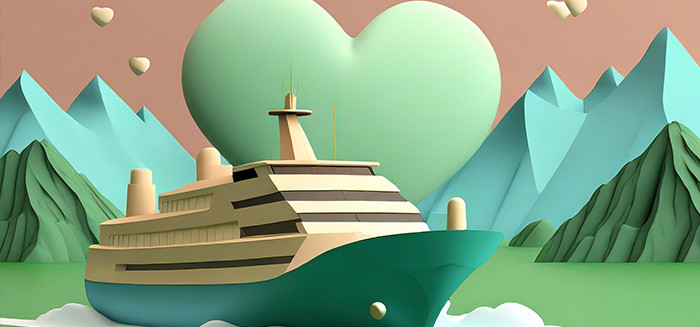 illustration of cruise ship with heart background