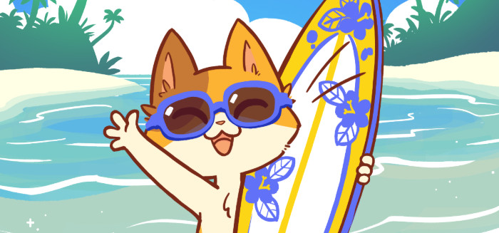 Keekee the cat in Hawaii with surfboard