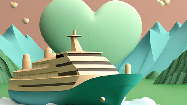 illustration of cruise ship with heart background