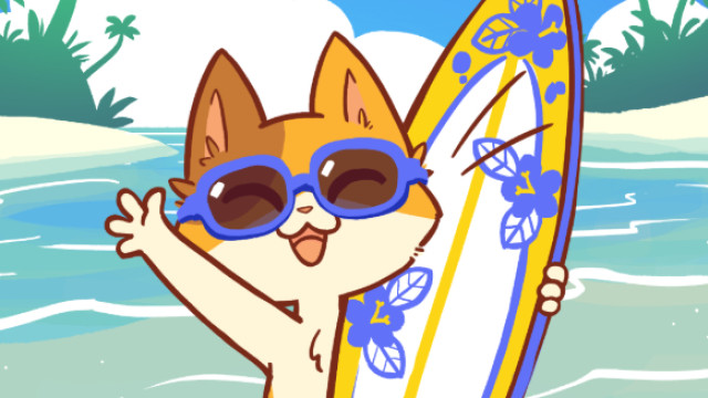 Keekee the cat in Hawaii with surfboard
