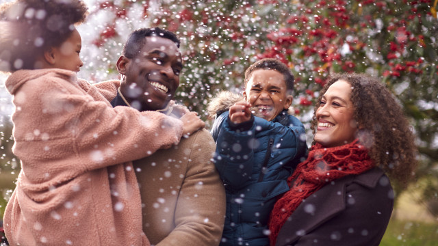 bundled up festive family in winter