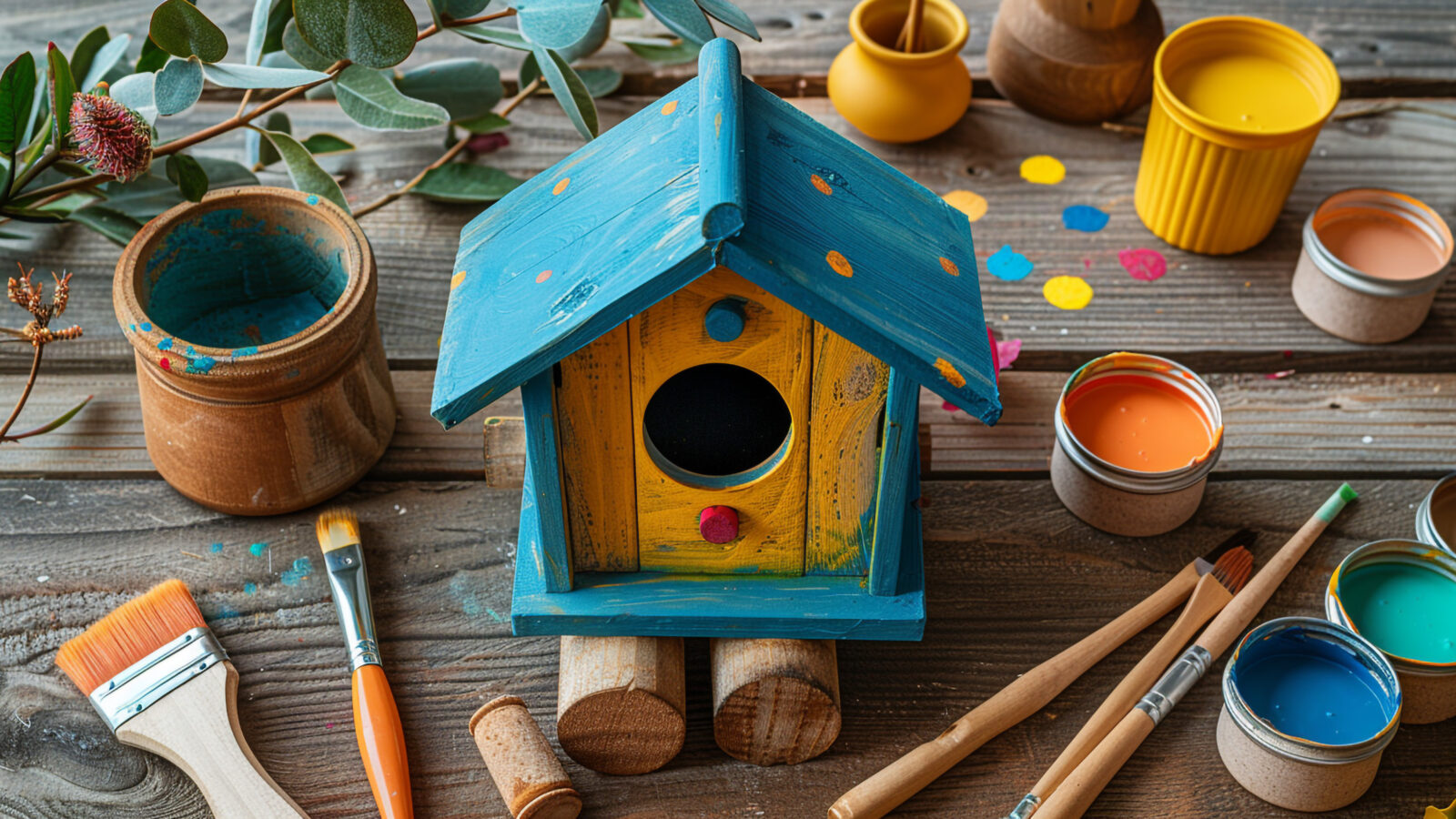 Small wooden bird house on a wooden table with paint and paint brushes.