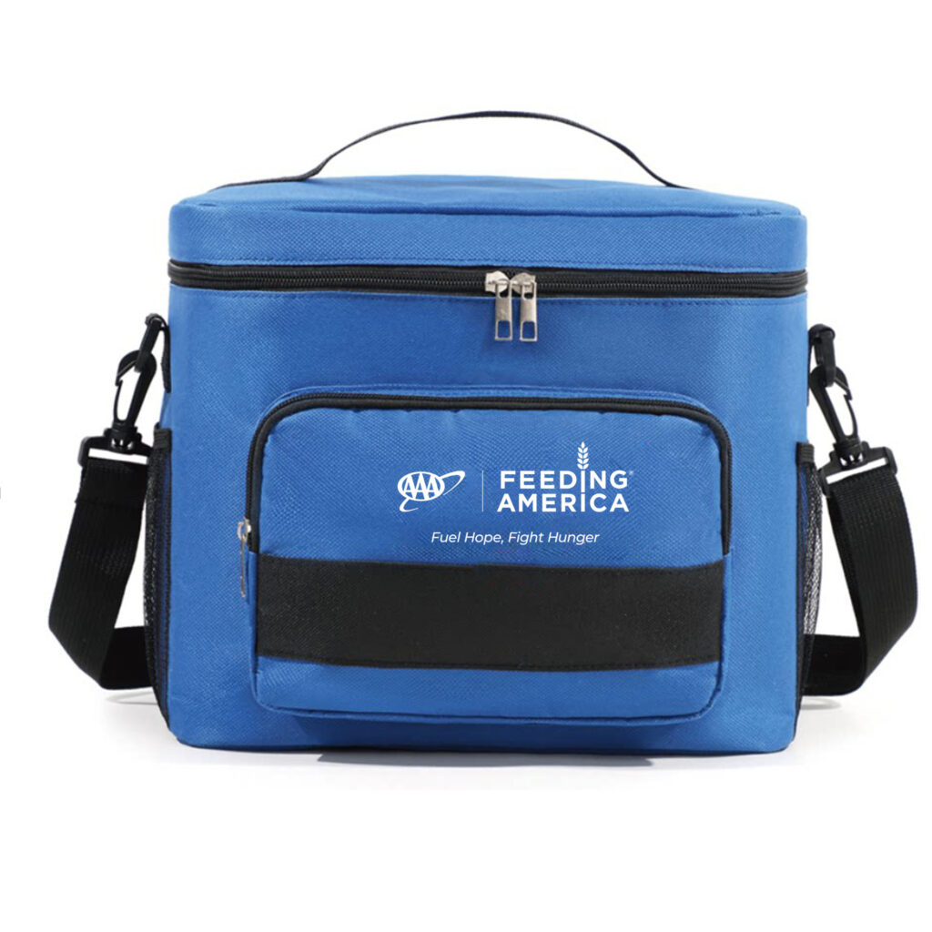 Blue cooler with white logo